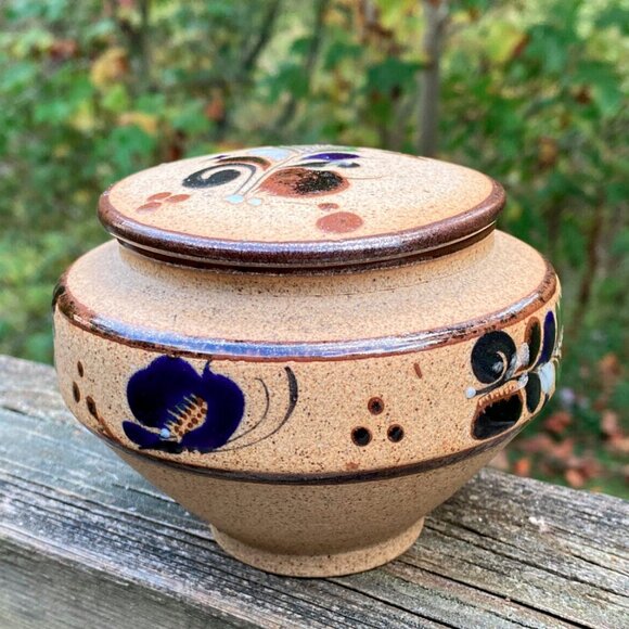 Pottery Hand Painted Mexican Stoneware Tonala Trinket Dish w/Lid Vintage - Picture 10 of 16